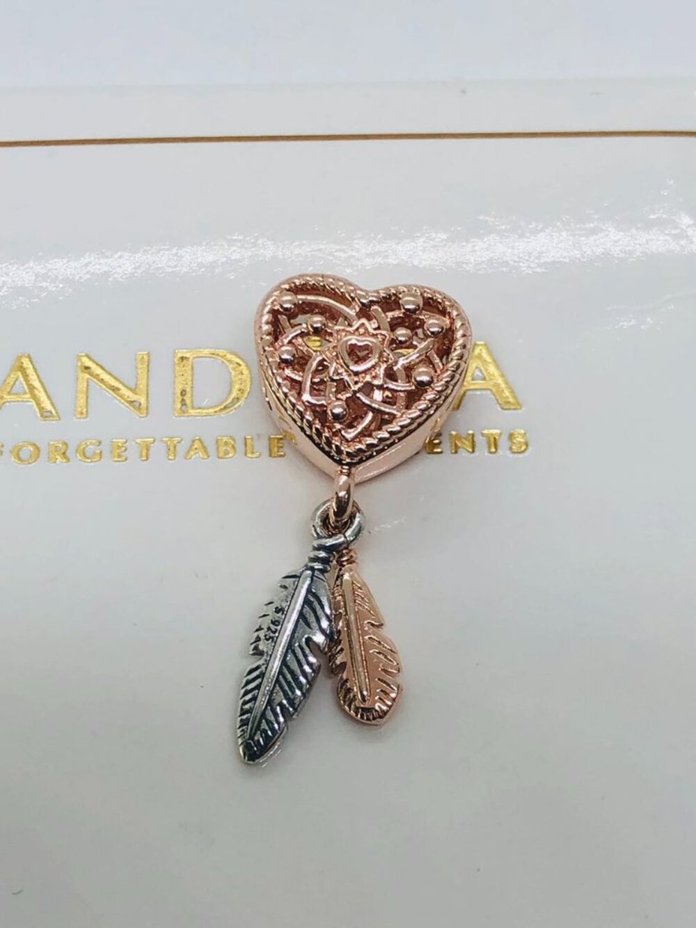 Pandora Openwork Heart & Two Feathers Dreamcatcher Charm
